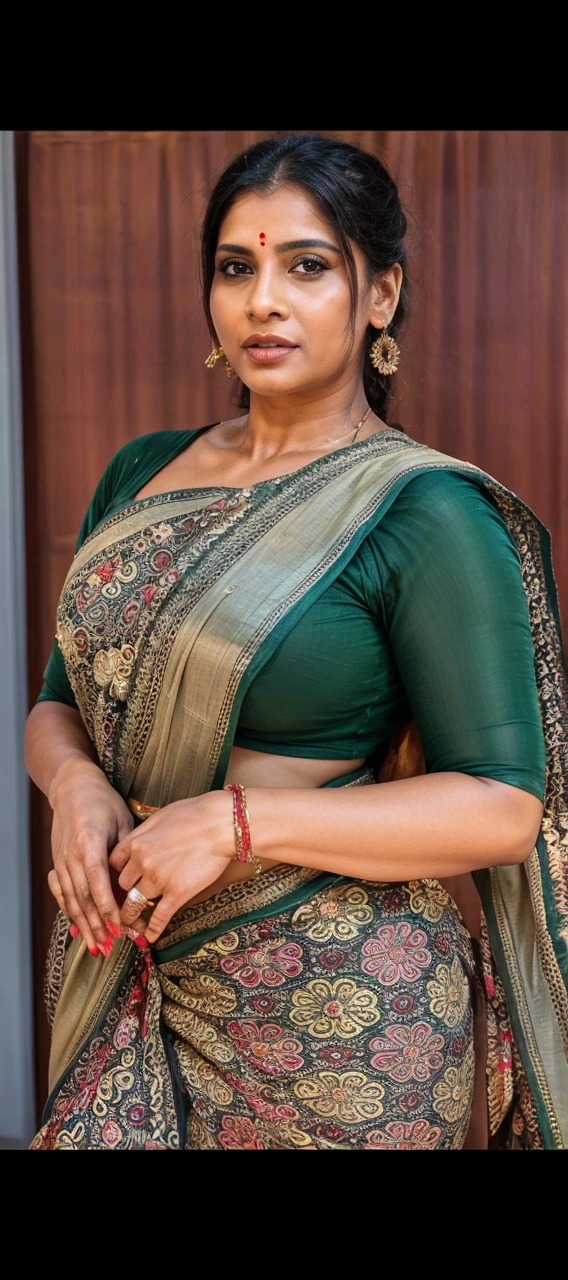 A hindu devi yakshini, a hot body, big breast, thick thighs, wearing saree with blouse and bikini, golden jewelry, doing poses standing, in bedroom, and with horny face.