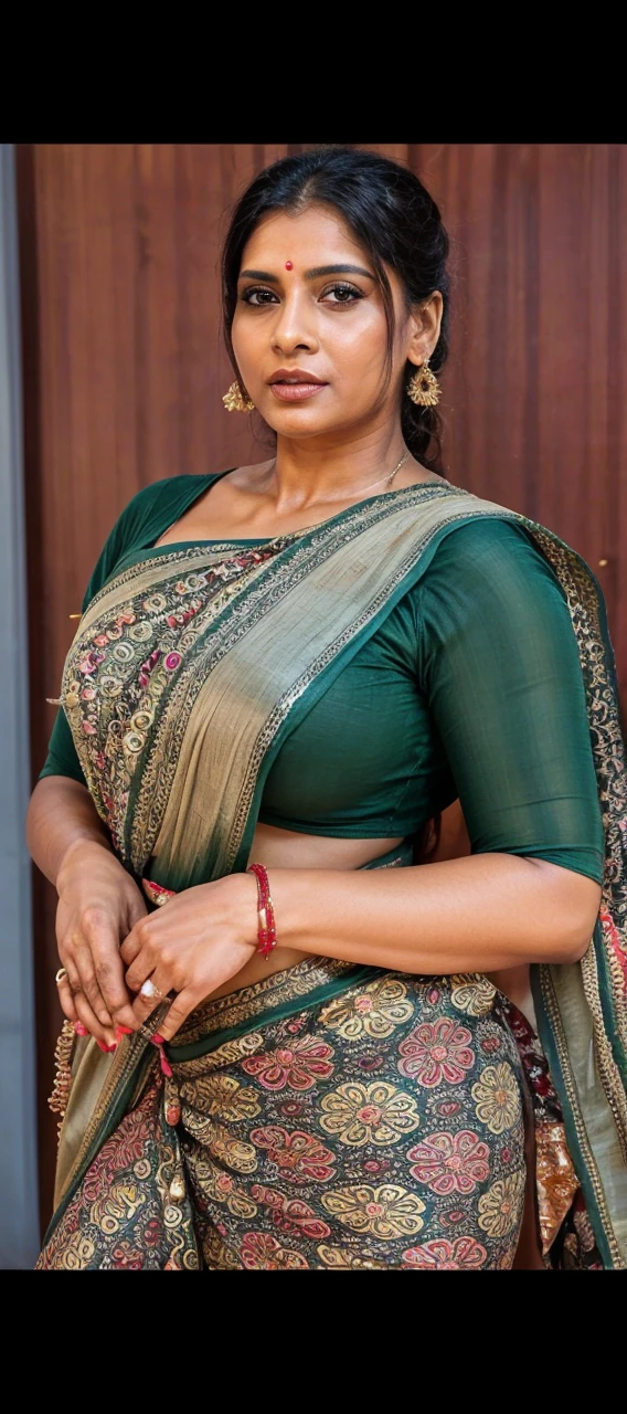 A hindu devi yakshini, a hot body, big breast, thick thighs, wearing saree with blouse and bikini, golden jewelry, doing poses standing, in bedroom, and with horny face.