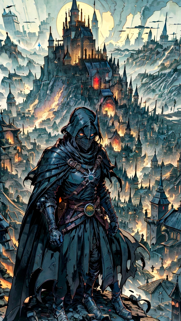 arafed view of a man in a black outfit standing on a hill overlooking a town, riften city in the background, with a city in the background, anor londo, fromsoftware, town in the background, elden ring inspired, with castle in distance, mordor as a bustling city, ultra detailed game art, corvo attano