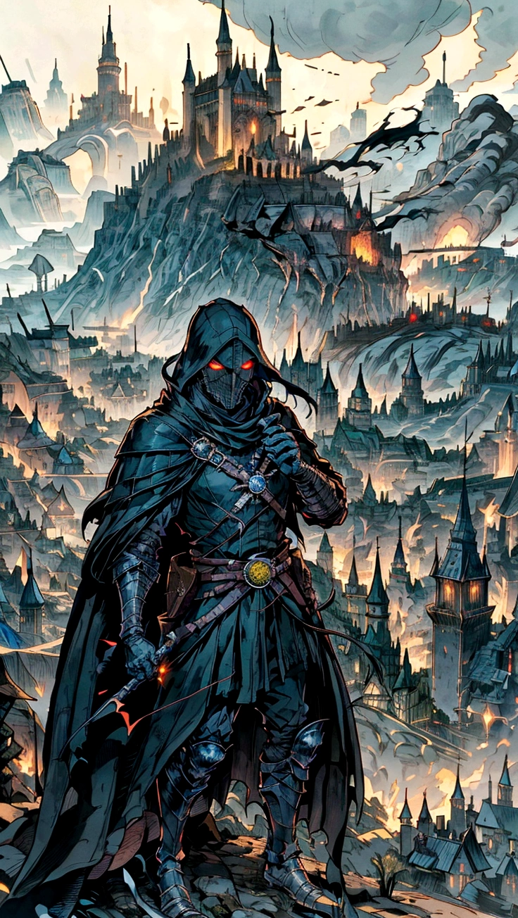 arafed view of a man in a black outfit standing on a hill overlooking a town, riften city in the background, with a city in the background, anor londo, fromsoftware, town in the background, elden ring inspired, with castle in distance, mordor as a bustling city, ultra detailed game art, corvo attano