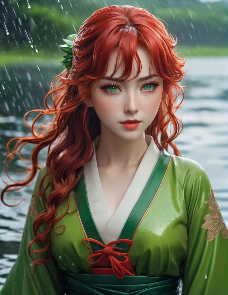 quality(8k wallpaper of extremely detailed CG unit, masterpiece, hight resolution, top-quality, top-quality real texture skin,hyper realisitic, digitial painting,increase the resolution,RAW photos,best qualtiy,highly detailed,the wallpaper),BREAK,8K, onmyoji-style art style , full face, curly bangs long red hair , green eyes, sheath dress, close up shot, raining, repelling water, wet hair, standing in middle of lake