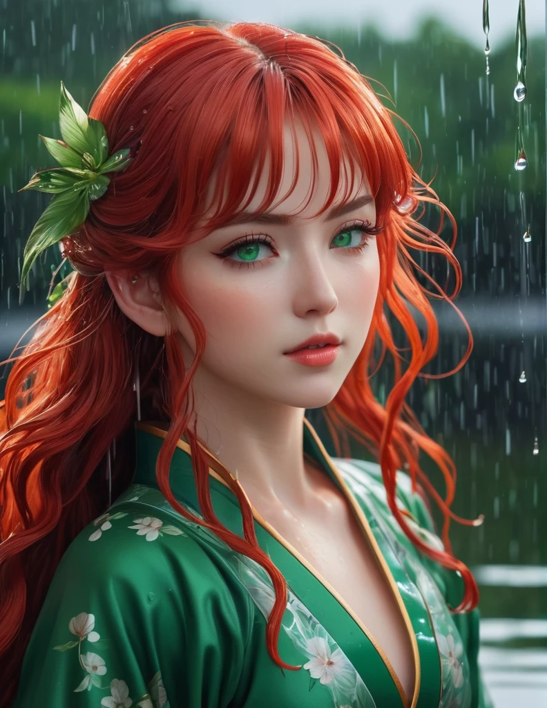 quality(8k wallpaper of extremely detailed CG unit, ​masterpiece, hight resolution, top-quality, top-quality real texture skin,hyper realisitic, digitial painting,increase the resolution,RAW photos，best qualtiy,highly detailed,the wallpaper),BREAK,8K, onmyoji-style art style , full face, curly bangs long red hair , green eyes, sheath dress, close up shot, raining, repelling water, wet hair, standing in middle of lake 