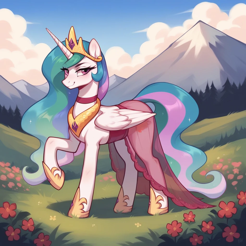 score_9, score_8_up, score_7_up, score_6_up, score_5_up, score_4_up, rating_explicit, outdoors, purple (see through pink dress and neck choker), solo, feral pony, princess  celestia, evil smile, closed mouth,BREAK mountain, day, sky, flower, mountainous horizon, blue sky, grass 
