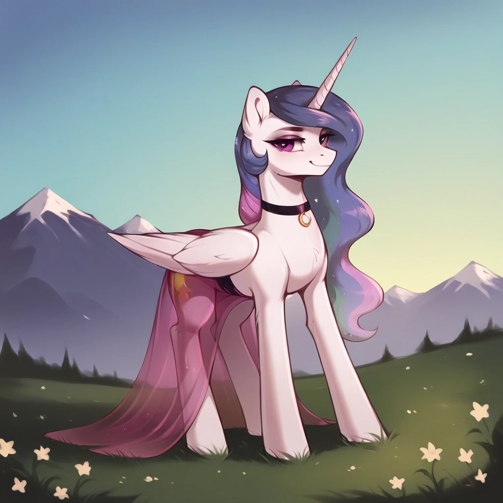 score_9, score_8_up, score_7_up, score_6_up, score_5_up, score_4_up, rating_explicit, outdoors, purple (see through pink dress and neck choker), solo, feral pony, princess celestia, evil smile, closed mouth,BREAK mountain, day, sky, flower, mountainous horizon, blue sky, grass