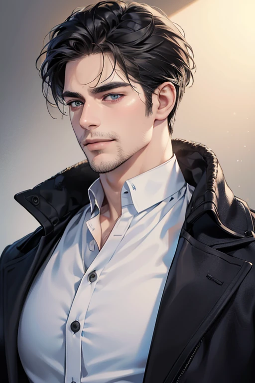 (best quality,4k,8k,highres,masterpiece:1.2),ultra-detailed,(realistic,photorealistic,photo-realistic:1.37),30 year old man,3 day beard,handsome anime,portraits,strong,masculine,dark hair,sharp jawline,mesmerizing eyes,perfectly styled hair,cool anime outfit,confident expression,vibrant colors,dynamic lighting, CEO and expression smile in love.
