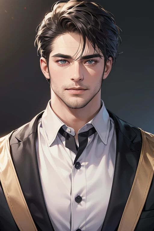 (best quality,4k,8k,highres,masterpiece:1.2),ultra-detailed,(realistic,photorealistic,photo-realistic:1.37),30 year old man,3 day beard,handsome anime,portraits,strong,masculine,dark hair,sharp jawline,mesmerizing eyes,perfectly styled hair,cool anime outfit,confident expression,vibrant colors,dynamic lighting, CEO and expression smile in love.