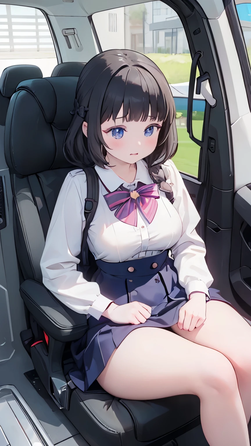 high resolution、4K、Masterpiece、1 big breasted girls、One Man、One Man、Face-to-face sitting position、Sex、Bare your breasts、Exposing the breasts、Back seat of a car、stand、Micro Mini Skirt、No panties、Pussy、Nipples、blush、Absolute area、Masturbation、Love juice、Climax、Squirting、Full body portrait、tough、sit、Spread your legs、vibrator、白いニーハイソックス