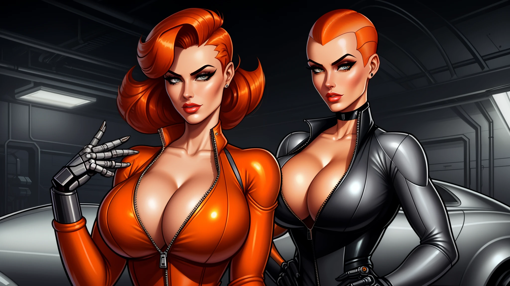 Femme Fatale, gorgeous mechanic, atompunk, blank background, retro-futurism, mechanical hand, cybernetic augments, unzipped orange jumpsuit, gunmetal grey, cleavage, half shaved head, ginger hair