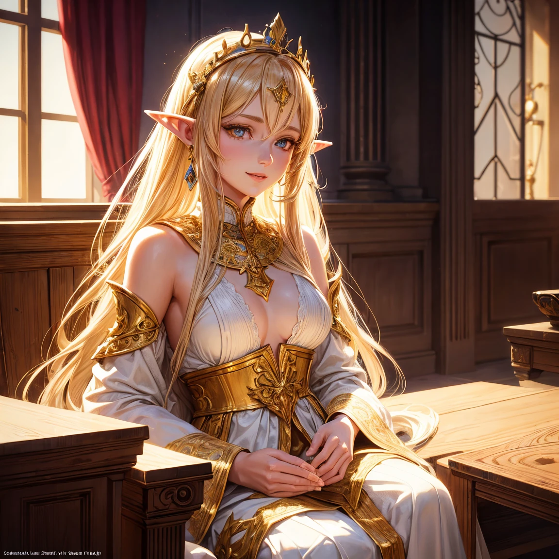 a woman, 1girl, elf, long golden hair, small breasts, long pointed ears, yellow eyes!!!, smiling face, sexy white tunic, deep neckline, crown on the head, sitting on a throne, manor, very sexy body, detailed face, beautiful detailed eyes, beautiful detailed lips, extremely detailed eyes and face, long eyelashes, detailed clothing, intricate details, highly detailed, photo realistic, 8k, best quality, masterpiece, cinematic lighting, dramatic lighting, vibrant colors, fantasy, digital art, concept art