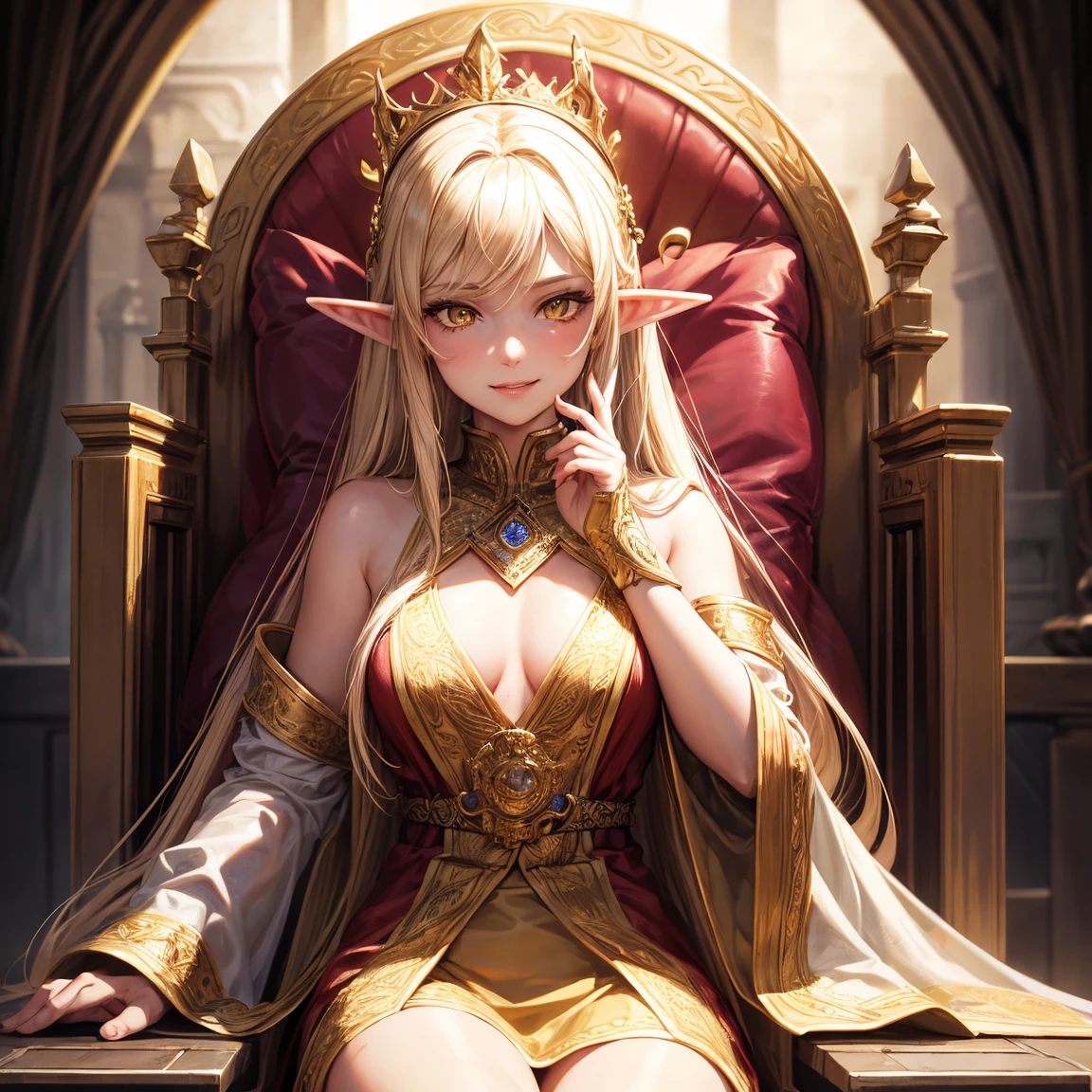 a woman, 1girl, elf, long golden hair, small breasts, long pointed ears, yellow eyes!!!, smiling face, sexy white tunic, deep neckline, crown on the head, sitting on a throne, manor, very sexy body, detailed face, beautiful detailed eyes, beautiful detailed lips, extremely detailed eyes and face, long eyelashes, detailed clothing, intricate details, highly detailed, photo realistic, 8k, best quality, masterpiece, cinematic lighting, dramatic lighting, vibrant colors, fantasy, digital art, concept art