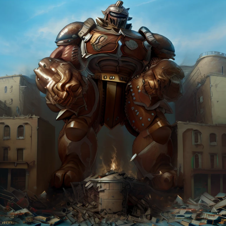 SOLO (masterpiece. official art. 8k. best quality. detailed full body. full body.)

(situation 1 : dominating Armored Flazzard. Armored Flazzard is over 1000 meters long. focus GIANT mechanical Muscular Armored Flazzard is trampling the city. Looking down. macro. stomp. Low-angle perspective. emphasizing the immense size.)

(situation 2 :smoke and flames rising from the destruction in the city)

(Additional details 1: real texture material. whole body shines like metal. emphasizes the muscles. suit fully made of metal.).

(Additional details 2: Detailed head. Detailed Body. Detailed abs. gigantic muscles. HYPER MUSCLES. Gigachad Muscular. big muscle. pecs. triceps. traps. unusually developed muscular body. body full of huge muscles. showing off muscles. pectorales enormes. Exaggeratedly huge muscles. huge muscles. long legs.).
his back he wears a golden cloak.