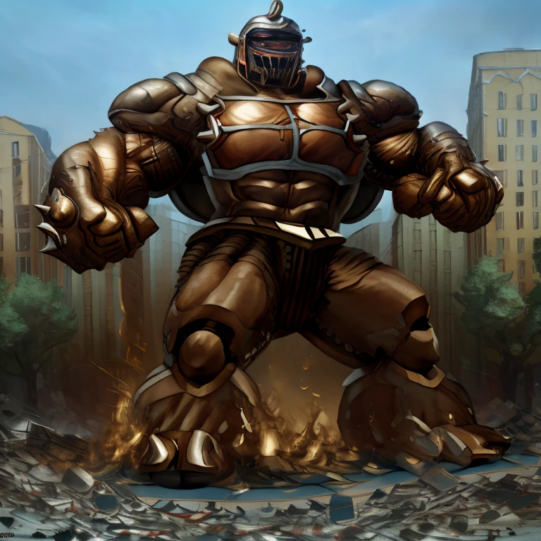 SOLO (masterpiece. official art. 8k. best quality. detailed full body. full body.)

(situation 1 : dominating Armored Flazzard. Armored Flazzard is over 1000 meters long. focus GIANT mechanical Muscular Armored Flazzard is trampling the city. Looking down. macro. stomp. Low-angle perspective. emphasizing the immense size.)

(situation 2 :smoke and flames rising from the destruction in the city)

(Additional details 1: real texture material. whole body shines like metal. emphasizes the muscles. suit fully made of metal.).

(Additional details 2: Detailed head. Detailed Body. Detailed abs. gigantic muscles. HYPER MUSCLES. Gigachad Muscular. big muscle. pecs. triceps. traps. unusually developed muscular body. body full of huge muscles. showing off muscles. pectorales enormes. Exaggeratedly huge muscles. huge muscles. long legs.).
his back he wears a golden cloak.