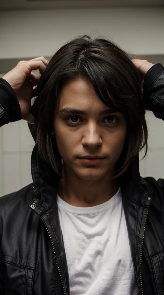 The man wears a jacket, his eyes are black and his pupils are white
