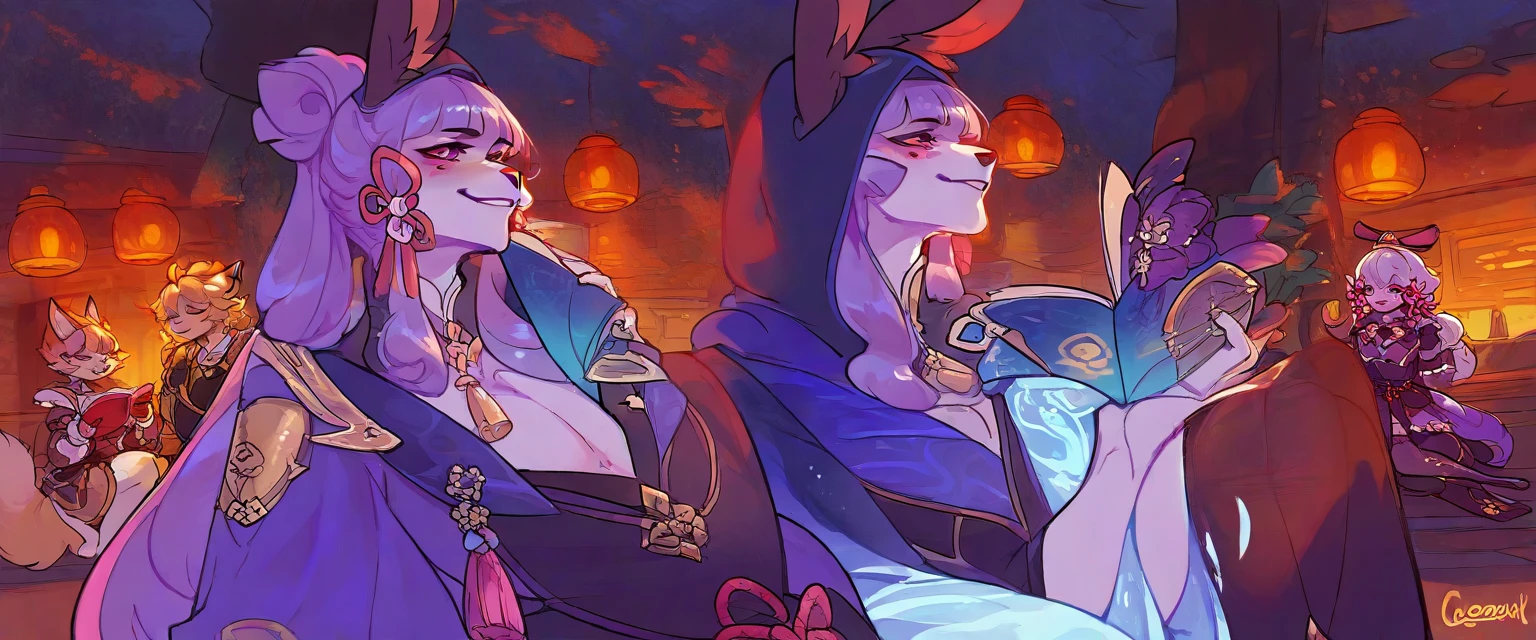 1 women, furry, Antro, fox, antropomorfic , pink eyes, blep, coffeesoda art style, e621, Fantazy adventurer, purple fox femboy, black boddy, purple hair, long hair, purple fur, bunny ears,purple clothing , ( ( character concept art ) ), official character art, picture of a male cleric, ayaka genshin impact, genshin, sage ( valorant ), genshin impact style, character artwork. Reading a book in a cafe evil smile 