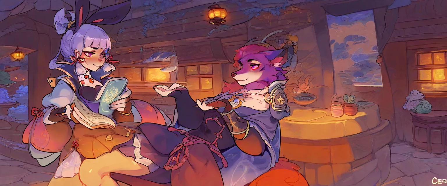 1 women, furry, Antro, fox, antropomorfic , pink eyes, blep, coffeesoda art style, e621, Fantazy adventurer, purple fox femboy, black boddy, purple hair, long hair, purple fur, bunny ears,purple clothing , ( ( character concept art ) ), official character art, picture of a male cleric, ayaka genshin impact, genshin, sage ( valorant ), genshin impact style, character artwork. Reading a book in a cafe evil smile 