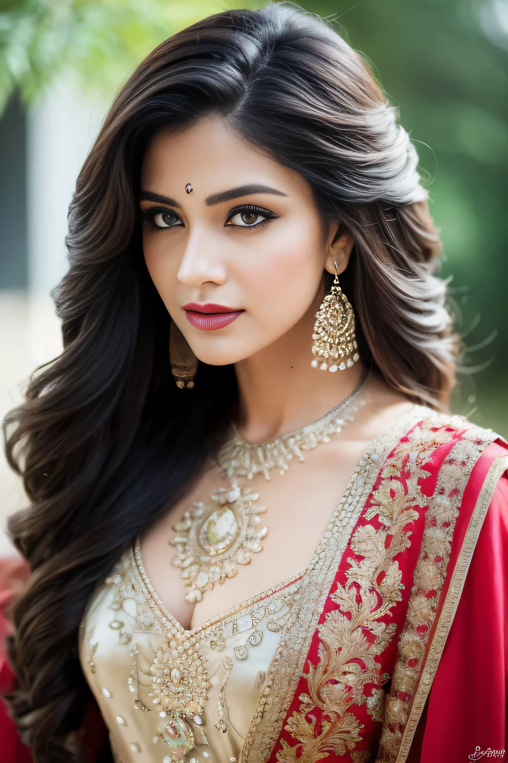 Portrait of A confident-looking indian  woman with long flowing hair, hazel eyes, with flowing capes, eating apple, perfect composition, hyperrealistic, super detailed, 8k, high quality, trending art, trending on artstation, sharp focus, garden photo, intricate details, highly detailed, very thin beautiful woman with brown hair and elegant hairstyle, clear facial features, detailed image, realistic, real, realistic facial features, realistic photography