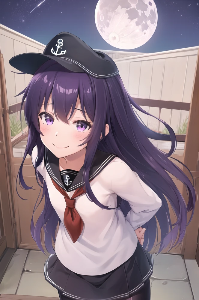 (best quality, masterpiece, highly detailed:1.4), Akatsuki, cap, , serafuku, purple eyes, purple hair, black pantyhose, red neckerchief, pleated skirt, anchor symbol, looking at viewer, night sky, night, moon, leaning foward, smile,  arms behind back,  (AS-YoungerV2:0.7) ,
nsfw,flat chest,vaginal,sex