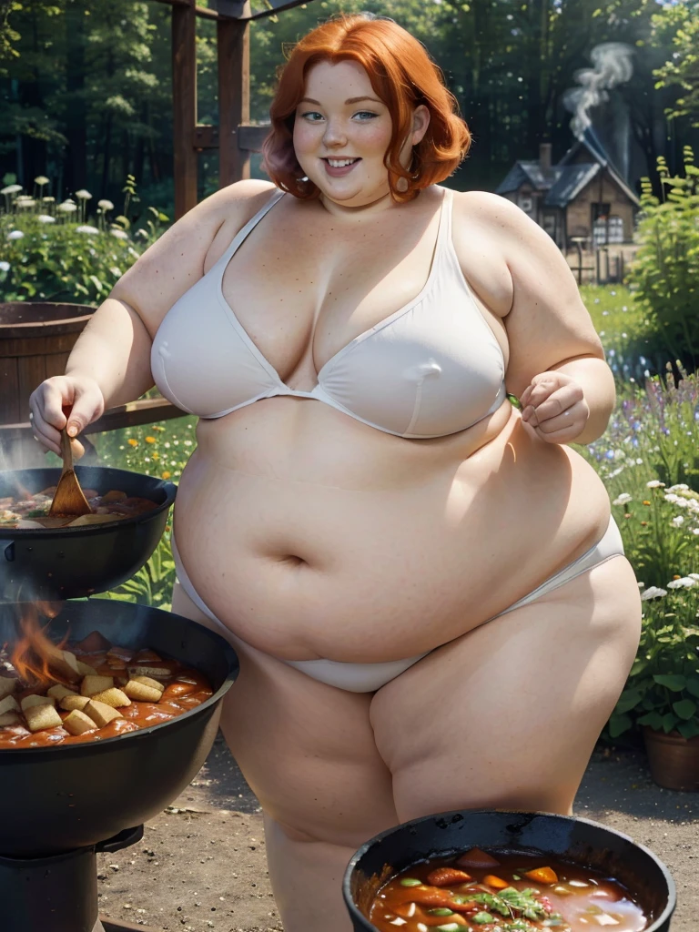 A happy photo of a young beautiful redhead wife bbw with short ginger hair soft fat belly, wide fat obese hips, thick fat legs and fat arms, cute pretty face, blue eyes, freckles, in sime white underwear , cooking goulash in a cauldron with a fire place below it in the garden there is a table with a lot of foods in it