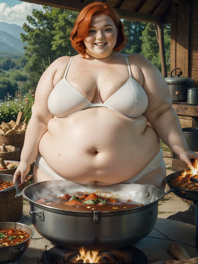 A happy photo of a young beautiful redhead wife bbw with short ginger hair soft fat belly, wide fat obese hips, thick fat legs and fat arms, cute pretty face, blue eyes, freckles, in sime white underwear , cooking goulash in a cauldron with a fire place below it in the garden there is a table with a lot of foods in it