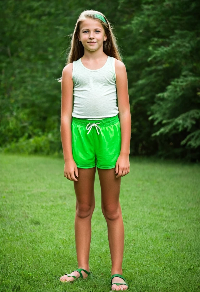 12 year old white girl, wearing sleeveless shirt, green shorts, barefoot, visible belly