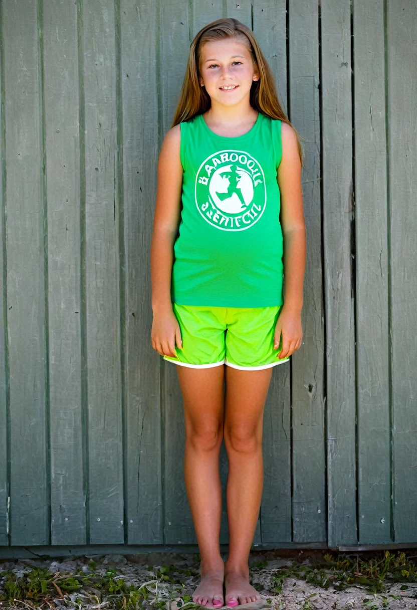 12 year old white girl, wearing sleeveless shirt, green shorts, barefoot, visible belly