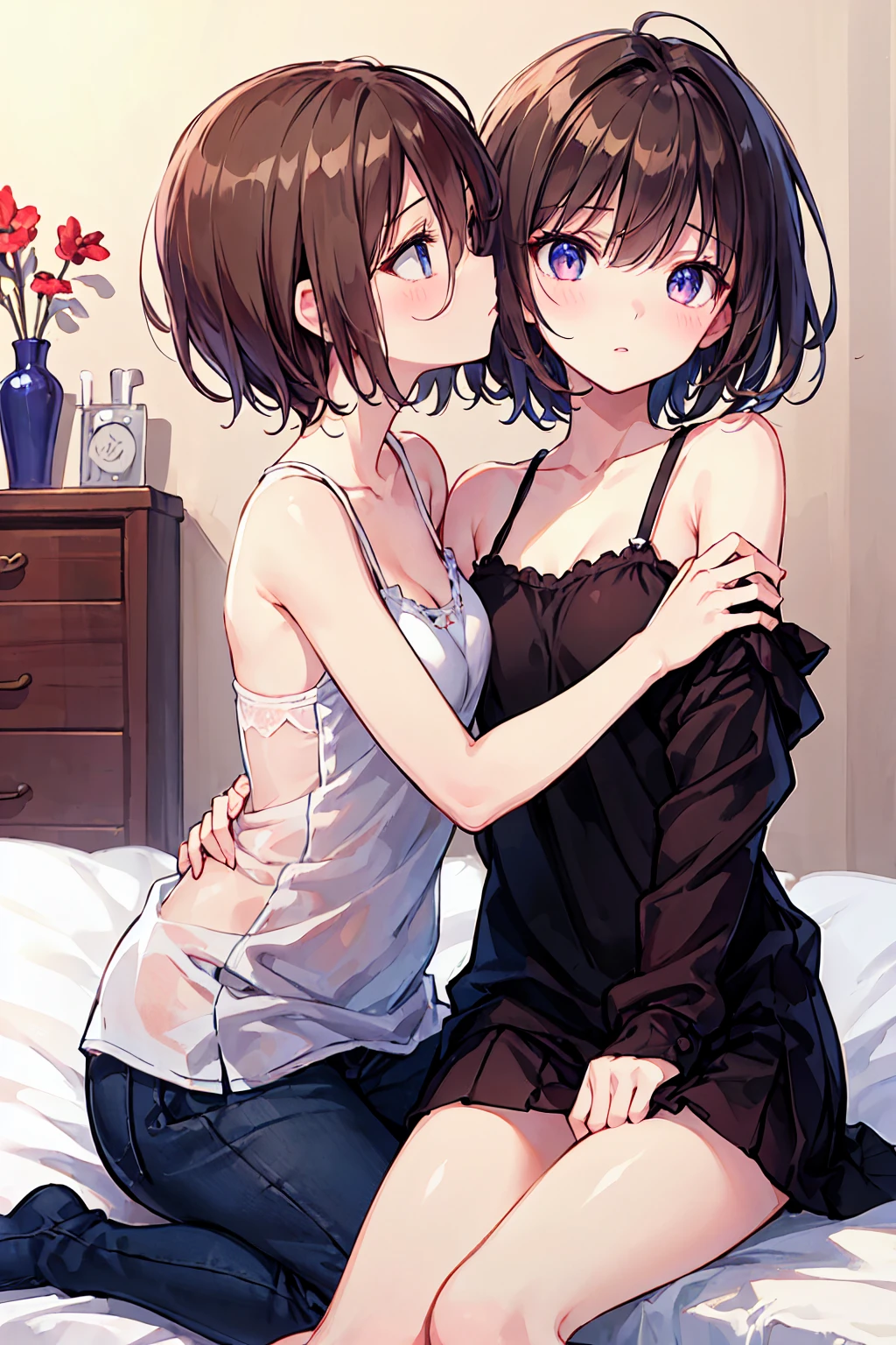 How to sit a girl，Written boundary depth, Delicate eyes, Fine skin、Smooth、Perfect beauty、Small breasts、thin，((Natural style))，Brown Hair、Truly beautiful、Beautiful profile，Perfect Style，Ahegao，((Boyish clothes))，Shortcuts，Western-style room，On the bed，The lighting is dim，My face turned red，((Kiss between girls))，((Embrace and kiss deeply))、((Kiss the Eyes))，((Girly clothes))，((Natural posture))