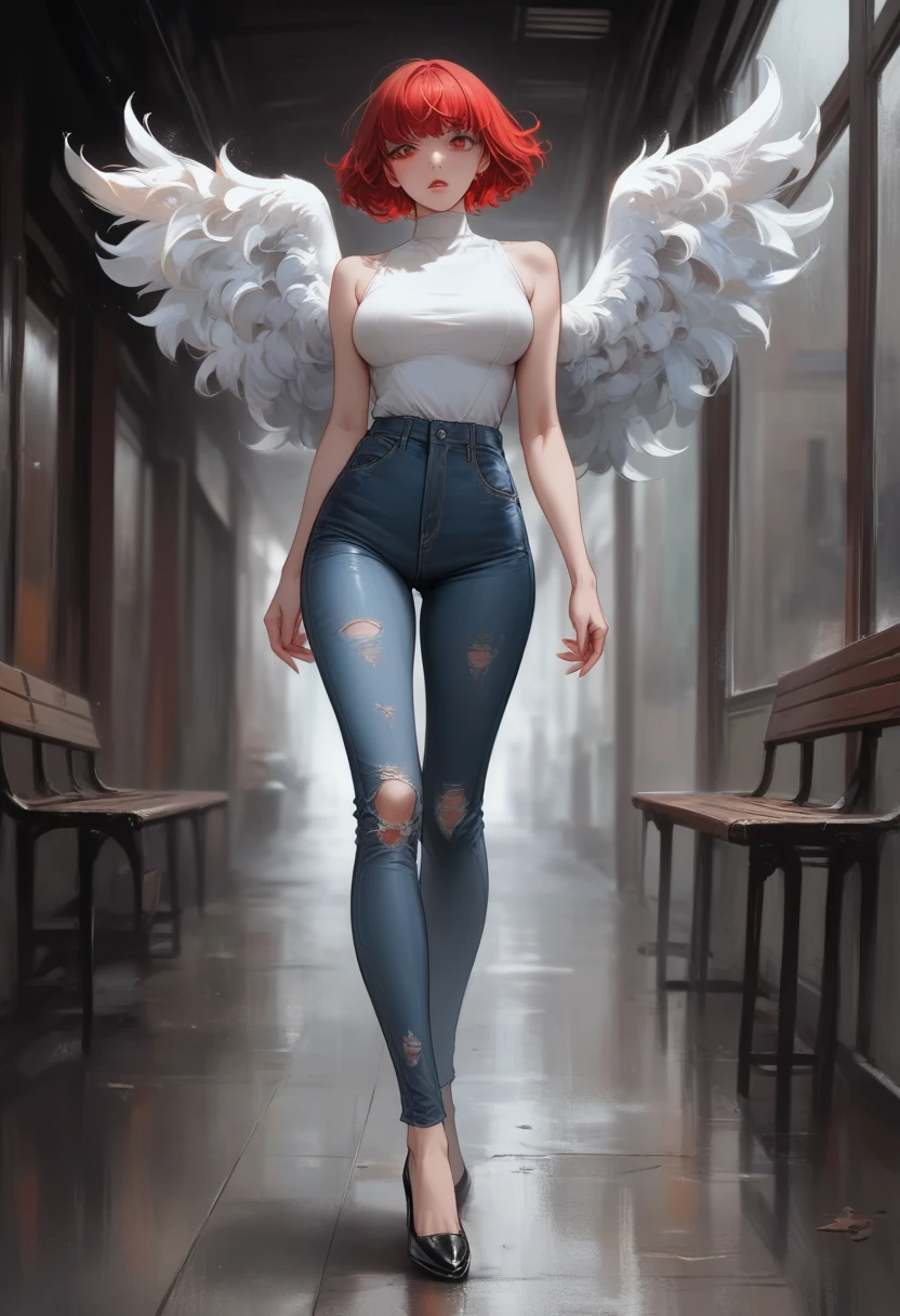 photo realism anime style Yusuke murata art with a big wolf at his side Goddess phoenix girl chunli + Sakura with big red angel wings and broad shoulders with wavy cropped hair v-cut dress V-cut ripped jeans wearing high heels walking on a dark gloomy street scared style photo realism, fully detailed drawing in black and monochrome bench and only the eyes in strong red