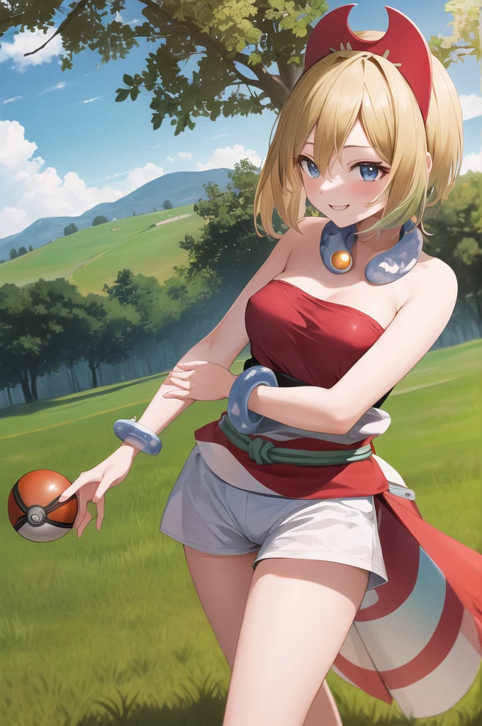 masterpiece, best quality, highres, aairida, short hair, red hairband, neck ring, collar, strapless shirt, red shirt, bracelet, sash, waist cape, white shorts, bare legs, standing, cowboy shot, outdoors, field, holding poke ball, poke ball, smile,
nsfw,vaginal,sex