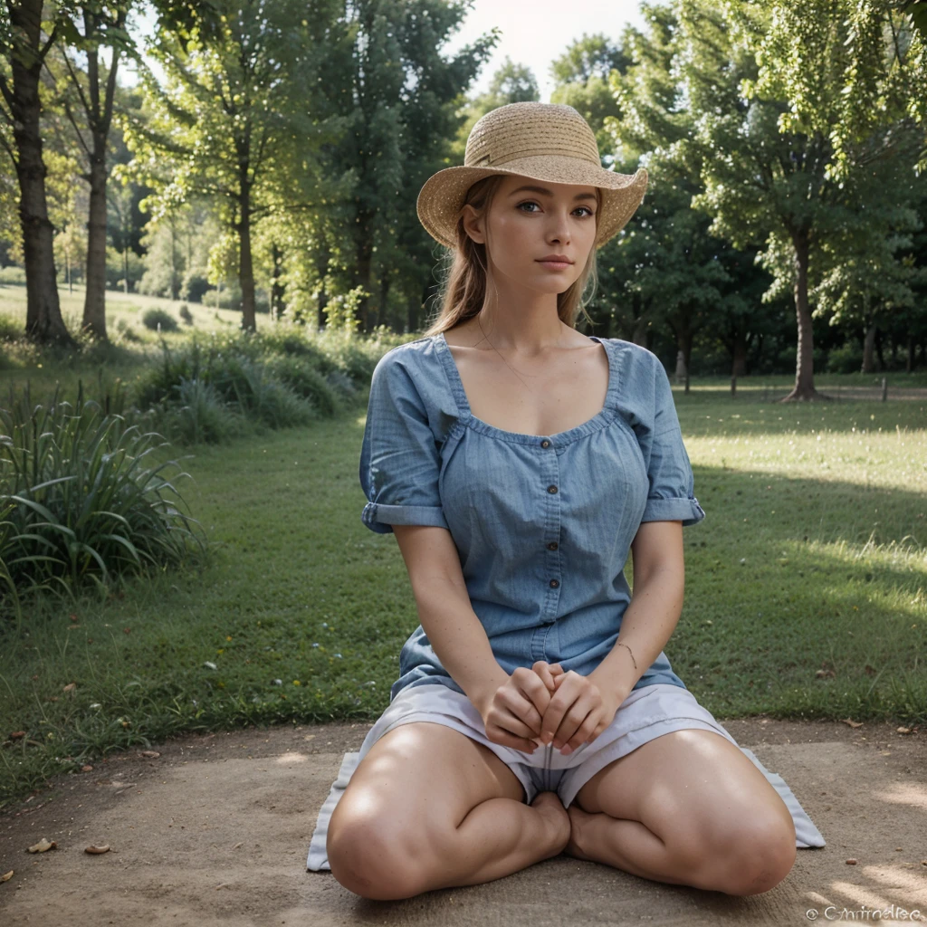 belle blonde assise sur une couverture à carreaux dans un parc, (entourée de paniers de pique-nique et de nourriture fraîche, portant une tenue estivale et un chapeau de paille.), très détaillé, 21 ans, visage innocent, Cheveux ondulés naturels, yeux bleus, Haute résolution, chef-d&#39;œuvre, Meilleure qualité, détails complexes, Très détaillé, Netteté, Peau détaillée, Réaliste skin texture, texture, Yeux détaillés, professionnel, 4k, sourire charmant, tourné avec Canon, 85mm, faible profondeur de champ, Couleur de vision Kodak, corps parfaitement ajusté, extrêmement détaillé, Photo_\(ultra\), photoRéaliste, Réaliste, Post-traitement, Détails maximaux, rugosité, vrai vie, ultra Réaliste, photoréalisme, la photographie, 8k euh, la photographie