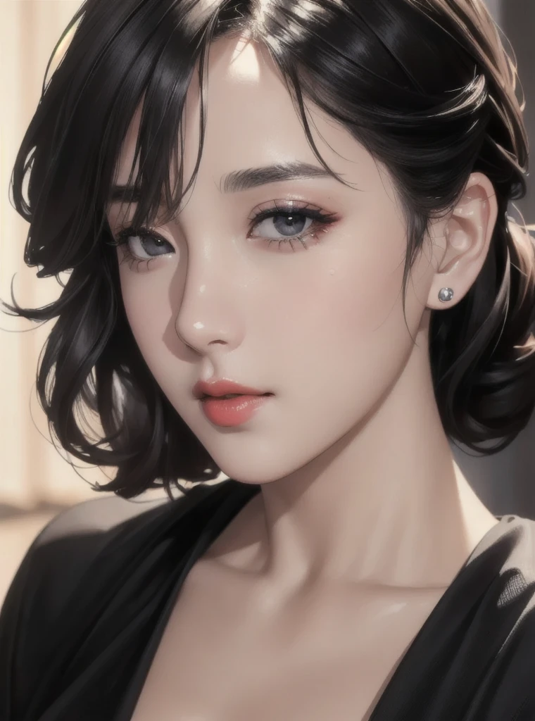 (masterpiece, best quality:1.4),(photorealistic:1.4)(realistic, photo-realistic:1.4),8k UHD,ultra high res,RAW,HDR,black eyes,black eyes,looking at viewer, thin lips,Bright red lipstick,