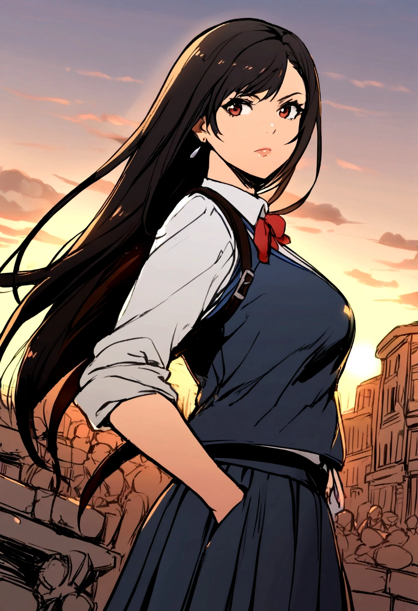 1girl, student uniform, black hair, young tifa lockhart, revolution, body
