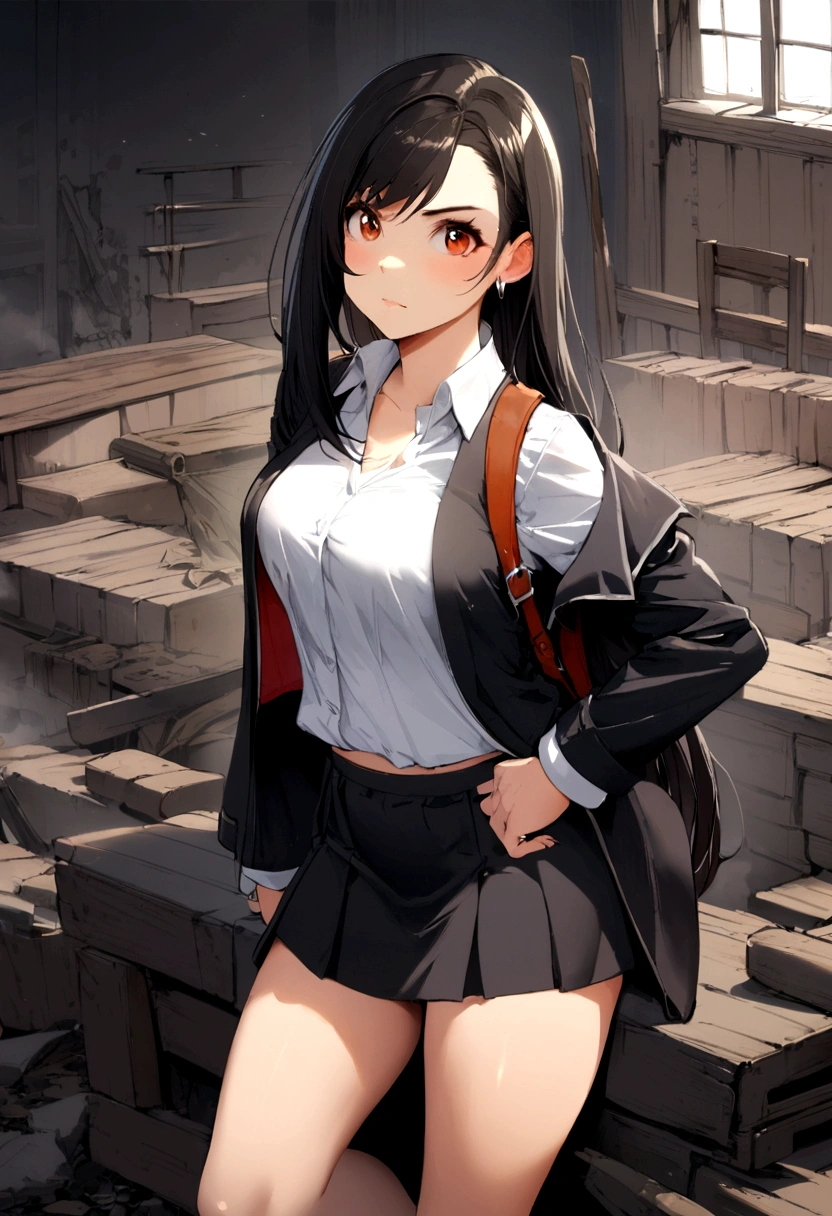 1girl, student uniform, black hair, young tifa lockhart, revolution, body