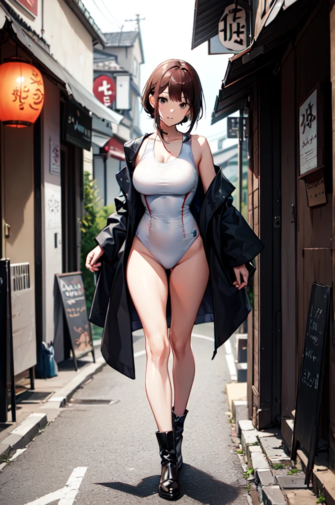 A Japanese woman in long boots and a swimsuit is walking