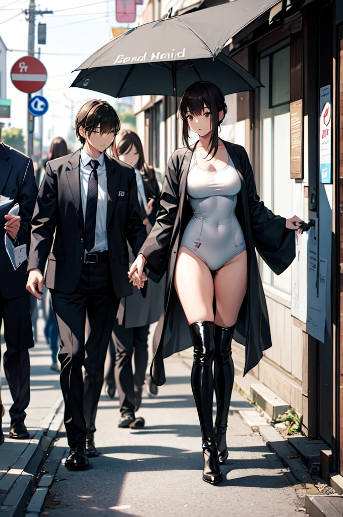 A Japanese woman in long boots and a swimsuit is walking