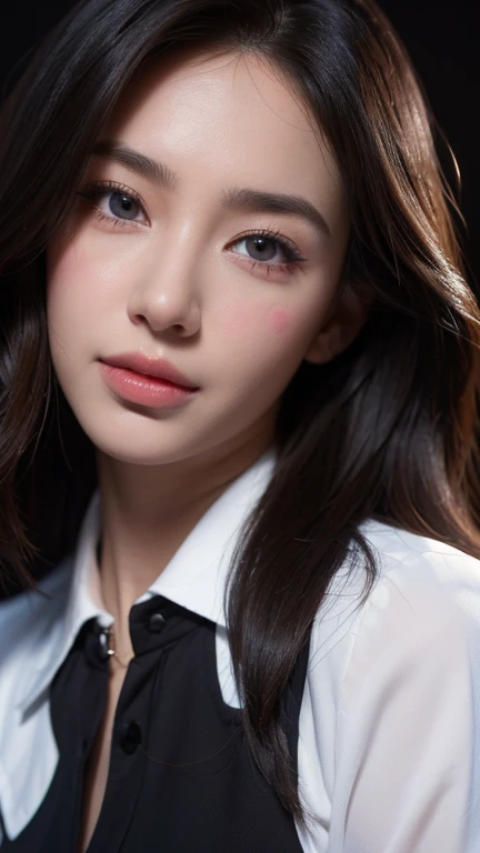 8K, RAW photo, best quality,masterpiece:1.2),(realistic, photo-realistic:1.4),(extremely detailed 8K wallpaper),One woman,Beautiful Face,Super detailed,(Collared shirt),(Dark Background),(looking at the camera:2),Dim lighting,Moody Lighting,Plumbed lips,Beautiful face,Portraiture,Realistic Skin,Detailed skin,A big smile,Beautiful eyes,Beautiful nose,model,A beautiful woman,(Eyes are hearts:1.5),Exquisite lighting,Dimples,Small breasts,