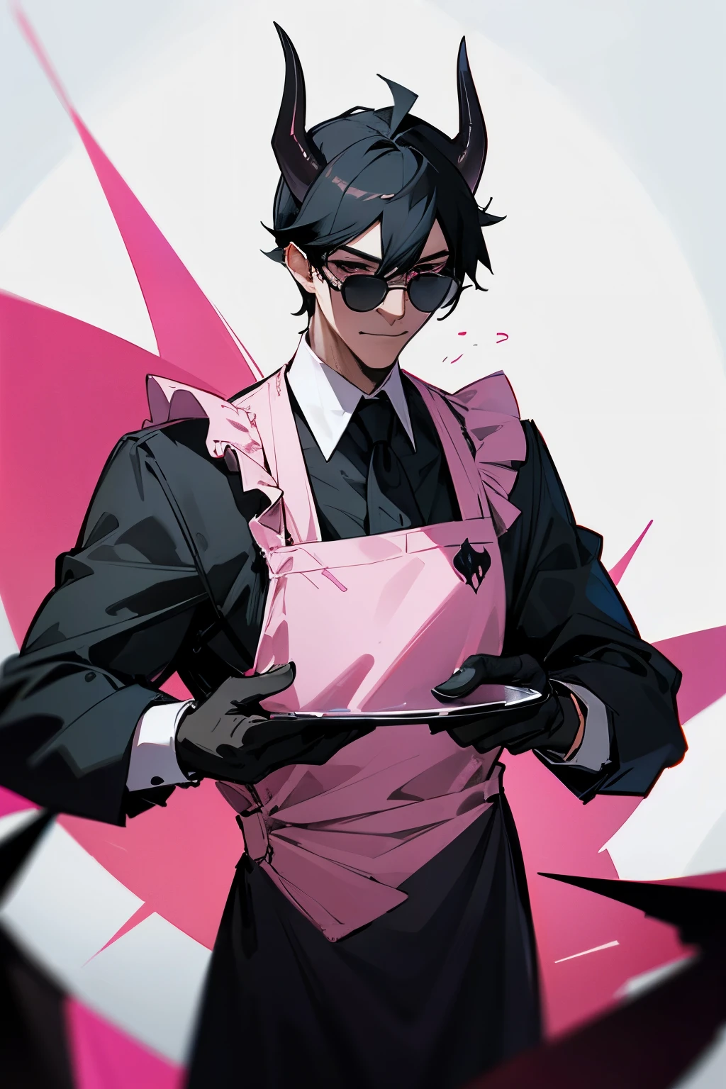 butler man The devil race has black horns, black hair, wears dark glasses and a pink apron.