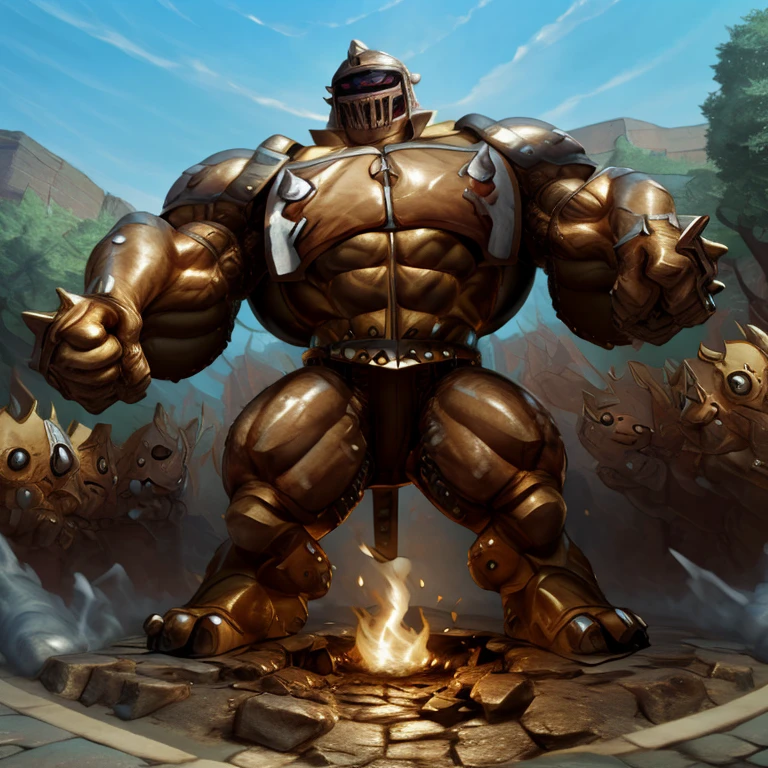 SOLO (masterpiece. official art. 8k. best quality. detailed full body. full body.)

(situation 1 : dominating Armored Flazzard. Armored Flazzard is over 1000 meters long. focus GIANT mechanical Muscular Armored Flazzard is trampling the city. Looking down. macro. stomp. Low-angle perspective. emphasizing the immense size.)

(situation 2 :smoke and flames rising from the destruction in the city)

(Additional details 1: real texture material. whole body shines like metal. emphasizes the muscles. suit fully made of metal.).

(Additional details 2: Detailed head. Detailed Body. Detailed abs. gigantic muscles. HYPER MUSCLES. Gigachad Muscular. big muscle. pecs. triceps. traps. unusually developed muscular body. body full of huge muscles. showing off muscles. pectorales enormes. Exaggeratedly huge muscles. huge muscles. long legs.).
his back he wears a golden cloak.