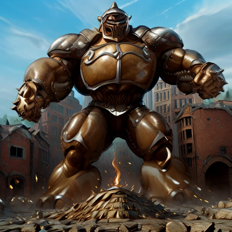 SOLO (masterpiece. official art. 8k. best quality. detailed full body. full body.)

(situation 1 : dominating Armored Flazzard. Armored Flazzard is over 1000 meters long. focus GIANT mechanical Muscular Armored Flazzard is trampling the city. Looking down. macro. stomp. Low-angle perspective. emphasizing the immense size.)

(situation 2 :smoke and flames rising from the destruction in the city)

(Additional details 1: real texture material. whole body shines like metal. emphasizes the muscles. suit fully made of metal.).

(Additional details 2: Detailed head. Detailed Body. Detailed abs. gigantic muscles. HYPER MUSCLES. Gigachad Muscular. big muscle. pecs. triceps. traps. unusually developed muscular body. body full of huge muscles. showing off muscles. pectorales enormes. Exaggeratedly huge muscles. huge muscles. long legs.).
his back he wears a golden cloak.