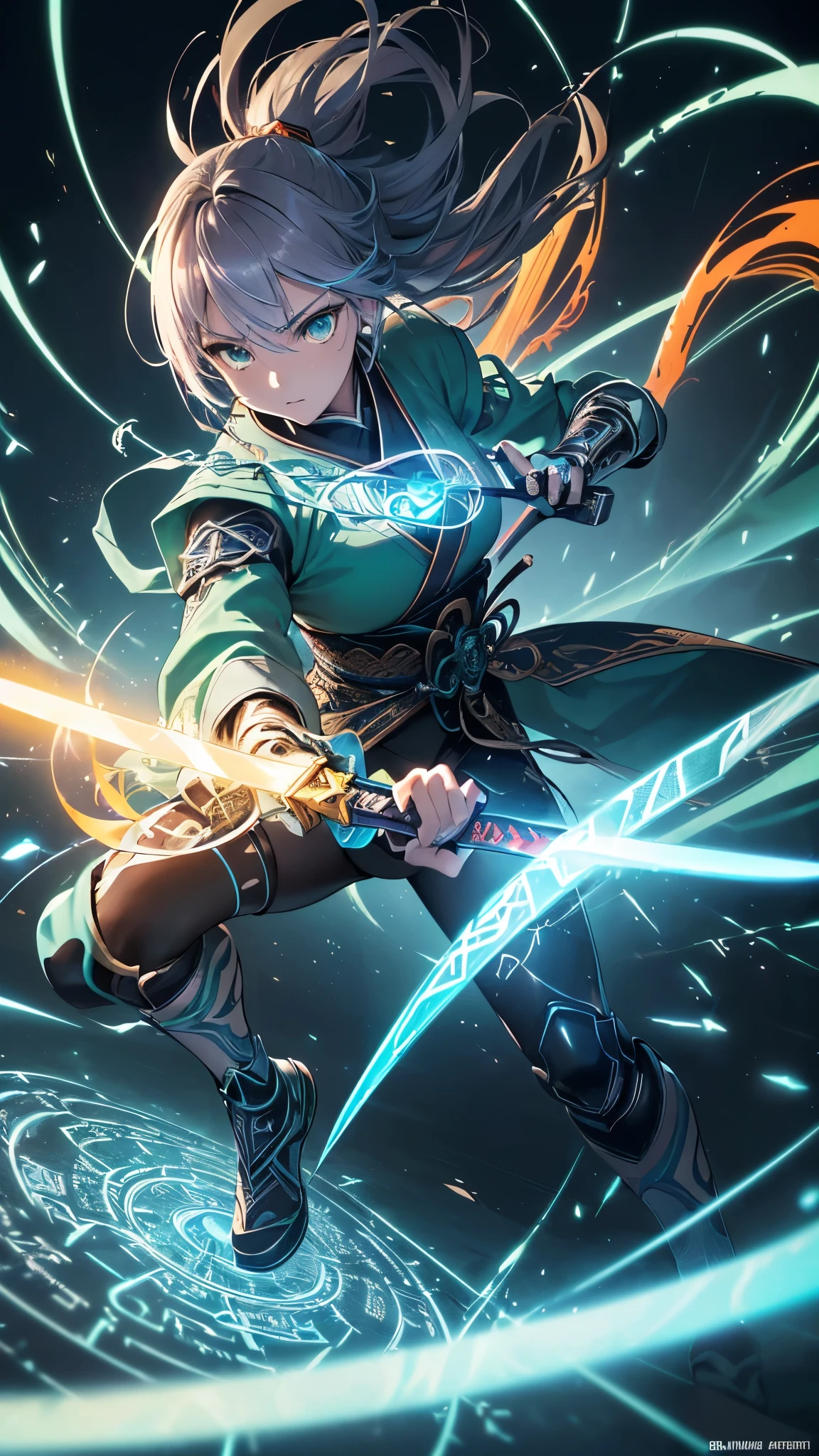 hyper-detailed anime, (3d rendering hyper-realistic TCG concept art fused with hyper-detailed anime with vfx) of (( (awe-inspiring gigantic cyber-katana with glowing radiant celtic rune with radiant aura as absolute focal point), (intricate Japanese-inspired futuristic sword design with holographic edge) )) wielded by ( (cybernetic samurai catgirl in dynamic pose), (character's determined expression and stance complementing the sword) ) composed with ( (Dutch angle shot, 75% sword, 25% character in frame), (foreground dominated by blade, character visible in middle-ground) ) enhanced by ( (ray-traced reflections on the blade's surface), (volumetric lighting emphasizing the sword's ethereal glow) ) action captured in ( (mid-swing motion, creating diagonal leading lines), (motion blur on extremities, tack-sharp focus on sword and eyes) ) atmosphere conveyed through ( (swirling energy particles emanating from the sword), (background suggesting high-tech dojo or futuristic battlefield) ) stylized with ( (vibrant neon accents contrasting with deep shadows), (brush-like strokes mimicking traditional sumi-e in digital form) ) technical aspects: ( (8K resolution with photorealistic textures), (physically based rendering for authentic materials) ) color grading: ( (cool blue-green palette with warm orange accents), (high dynamic range for striking contrast) ) composition adhering to ( (golden ratio spiral centered on sword's hilt), (rule of thirds placing character's eyes on intersection) ) 32k uhd