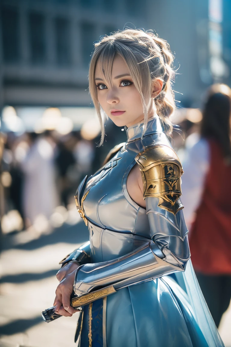 (masterpiece, 8k photography, ultra high res, photorealistic:1.7), best quality,  a breathtaking portrait of a stunning young woman with (flowing silver hair:1.2), (piercing blue eyes:1.1) with (detailed anime reflections:1.3), dressed in a (dynamic, eye-catching pose:1.4) showcasing her intricate and detailed (Fate/Grand Order Saber cosplay:1.5) with (shining armor and a flowing blue dress:1.2), (perfect golden ratio body:1.3), (3D model elements:1.2), (smooth, flawless skin:1.2),  (Tokyo Comic Market:1.3), (people dressed in various cosplays,  blurry bustling crowd in the background:1.2), (carrying a replica sword:1.1), (natural sunlight lighting:1.2), (professional studio lighting setup:1.2), (perfect makeup:1.2),  (flawless ???????:1.2), (sharp focus:1.3), (professional cosplay photography:1.6), (rule of thirds composition:1.2), (cinematic lighting:1.2), (wide-angle lens:1.1)