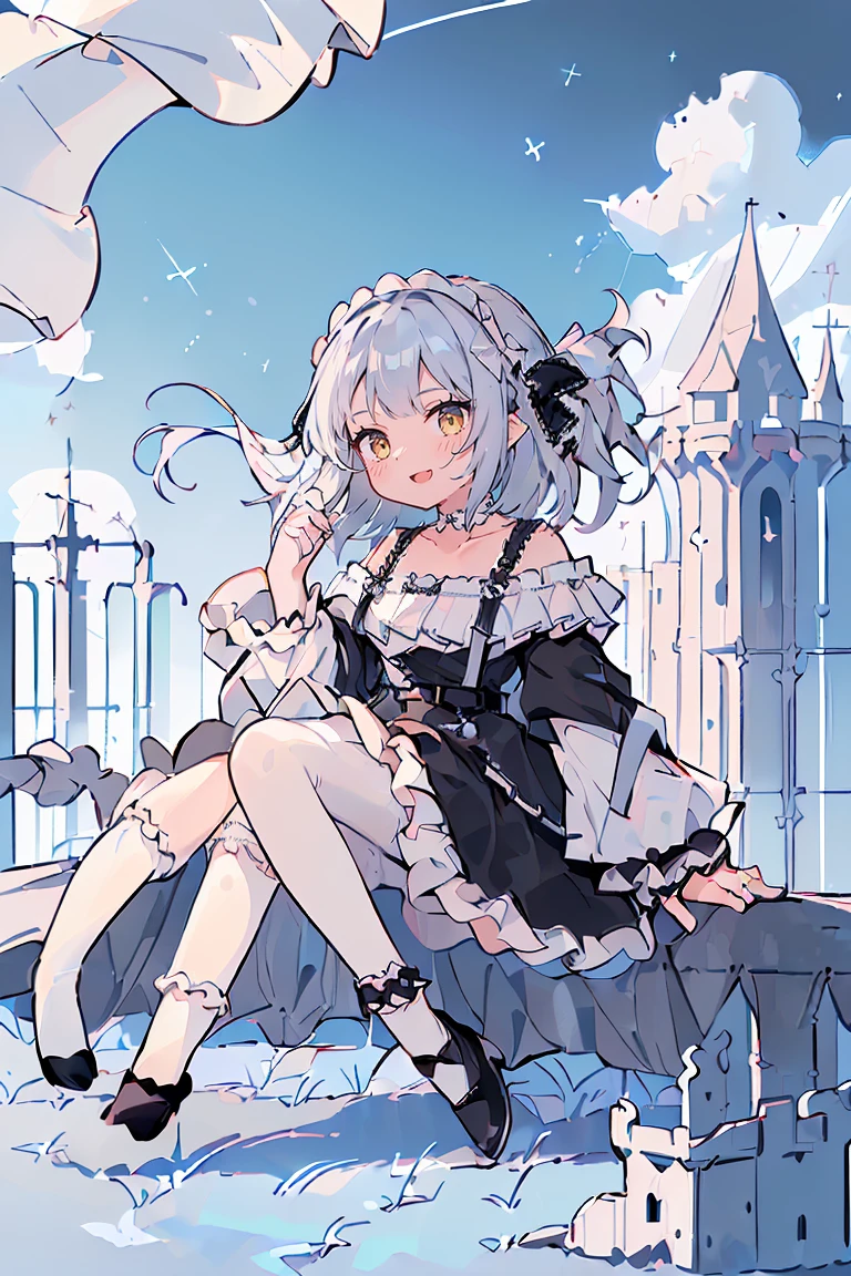 1 girl, solo, fullbody, standing, background with((fantasy world, ruins, fort, beautiful sky, shining sky, sunshine, castle:1.55)), girl with(((medium hair, long hair, one side up:1.55), (perfect hands, five fingers:1.55), (camisoles, suspenders, belt, blue clothes, cross, choker, collarbone, dress, wind blowing dress, lace dress, frills camisoles, off-shoulder sleeves, half sleeves, black pumps, black footwear:1.55), ((white legwear, single legwear:1.55)))