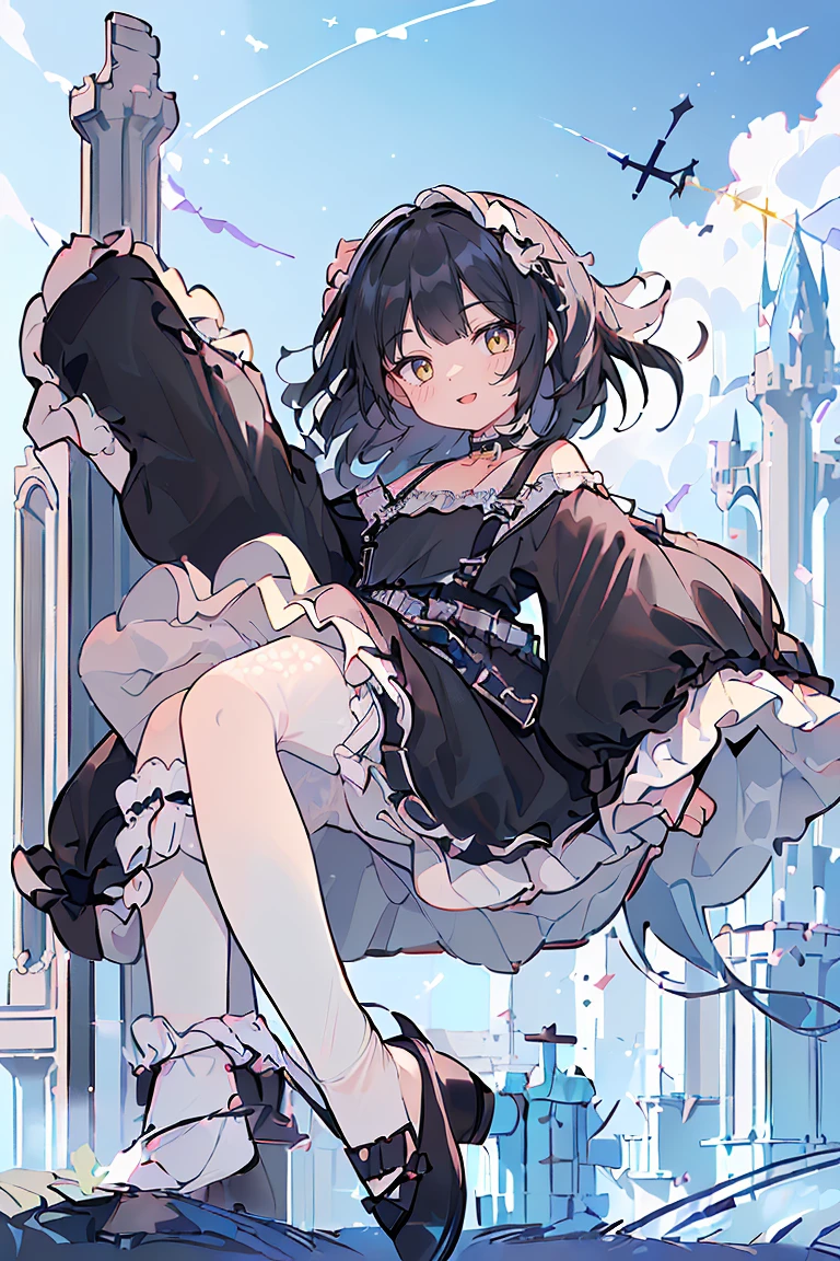 1 girl, solo, fullbody, standing, background with((fantasy world, ruins, fort, beautiful sky, shining sky, sunshine, castle:1.55)), girl with(((medium hair, long hair, one side up:1.55), (perfect hands, five fingers:1.55), (camisoles, suspenders, belt, blue clothes, cross, choker, collarbone, dress, wind blowing dress, lace dress, frills camisoles, off-shoulder sleeves, half sleeves, black pumps, black footwear:1.55), ((white legwear, single legwear:1.55)))