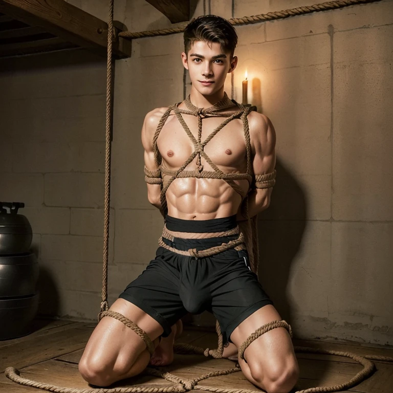  (((19 year old boy, skinny, lean))), smiling (((wearing gym shorts)))  kneeling, ((((Trussed up completely with rope)))), ((((very tight rope crossed over chest)))),(((body in tight shibari ropes))) sweating, wet skin, in a dungeon with candles and a fireplace 
