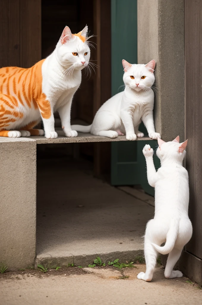 A white cat bullying an orange cat