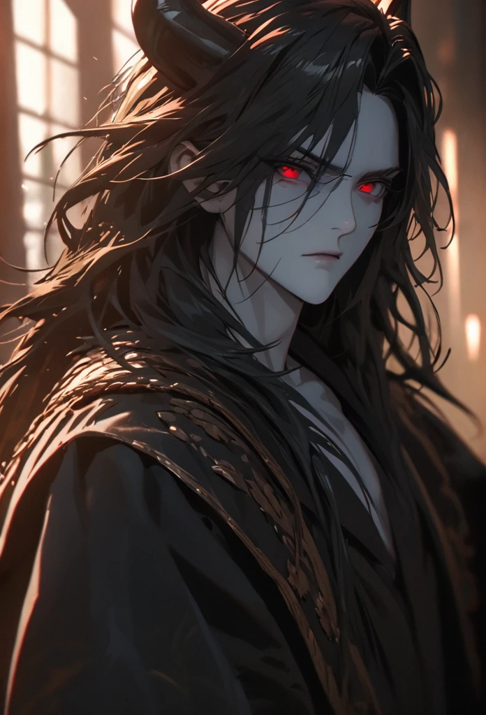 (solo), masculine, black hair, messy hair, mane hair, long hair, dense hair, wild hair, expressive hair, mature,(25 year old), pale skin, red eyes, ((man)), wearing a black robe, black demon horns,, serious, handsome, attractive, eye reflection, depth of field, thunder aura,cinematic lighting, ray tracing, depth of field, cinematic lighting, ray tracing, UHD, high details, best quality, highres, high quality, award winning, super detail, masterpiece, 8k, UHD, high details, best quality, highres, high quality, award winning, super detail, masterpiece, 8k, digital art, anime coloring, full body, body shot, good face, perfect face, detailed face, good eyes, sitting on a throne