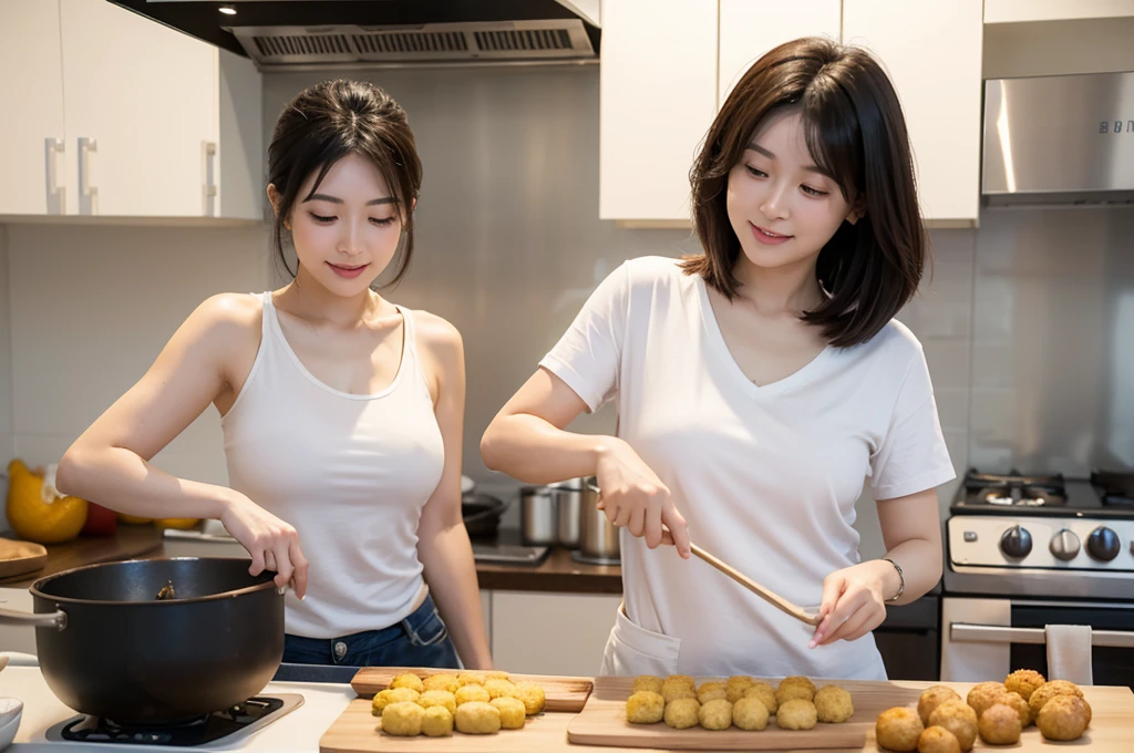 Cooking scene frying croquettes. Asian woman in her 20s is frying in the kitchen. Remove abnormal or anatomically ill-fitting fingers and express them naturally.