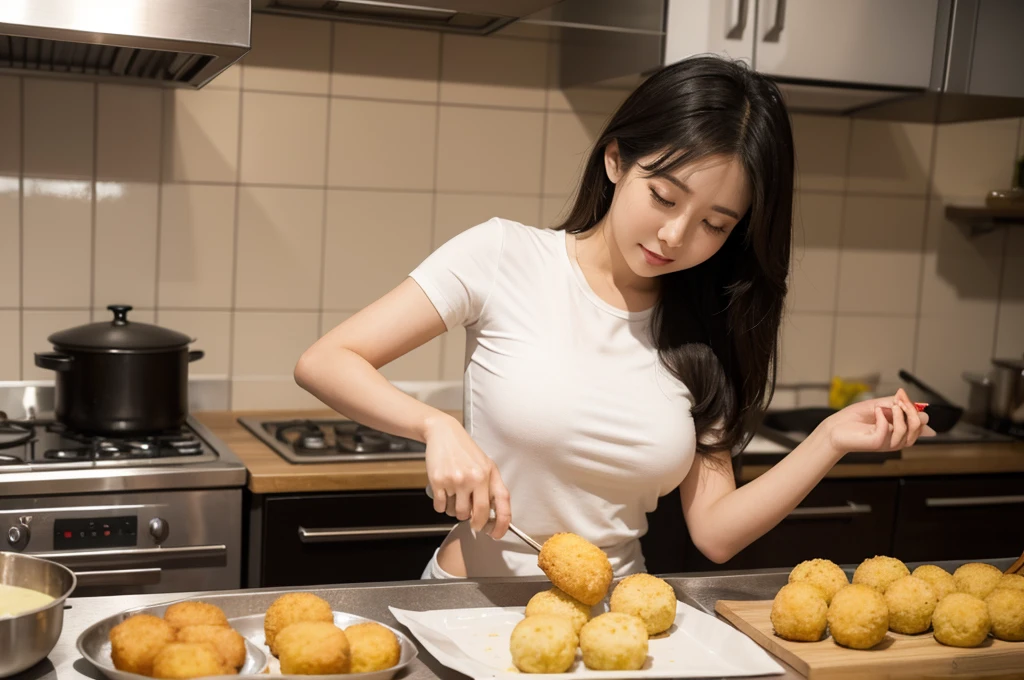 Cooking scene frying croquettes. Asian woman in her 20s is frying in the kitchen. Remove abnormal or anatomically ill-fitting fingers and express them naturally.