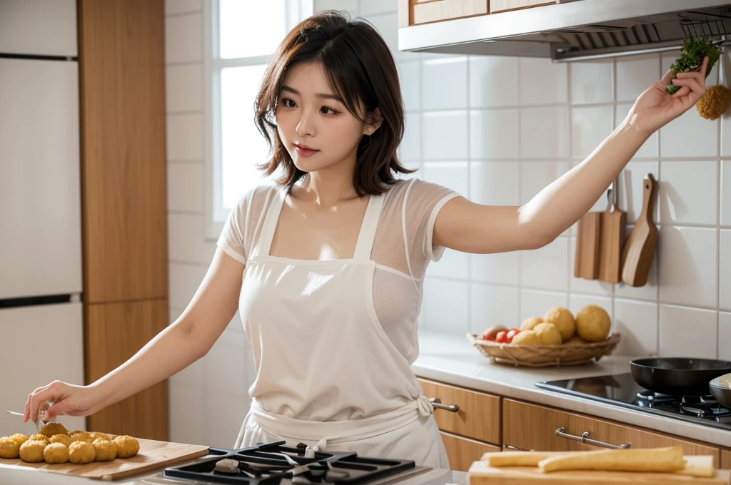Cooking scene frying croquettes. Asian woman in her 20s is frying in the kitchen. Remove abnormal or anatomically ill-fitting fingers and express them naturally.