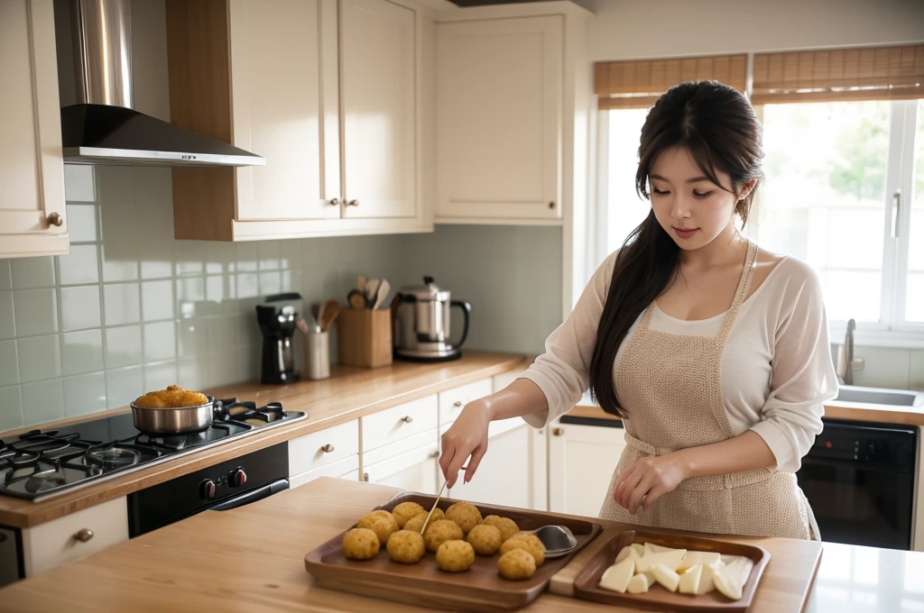 Cooking scene frying croquettes. Asian woman in her 20s is frying in the kitchen. Remove abnormal or anatomically ill-fitting fingers and express them naturally.