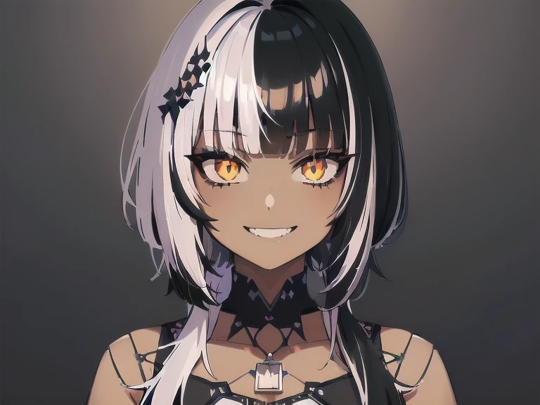 conceptual art, ((computer graphics)), ((1 girl)), ****ta, ((((dark skin)))), ((((short white hair)))), (((Blunt bangs))), yellow eyes, ((tangled hair)), ((((smileing)))), careless, ((better quality)), ((smileing kawai)), only, ((piece of art)), ((black dress)), (detailed), perfect face, ((novel in style)), the kernels are beautiful, ((((Anime_Colors)))).